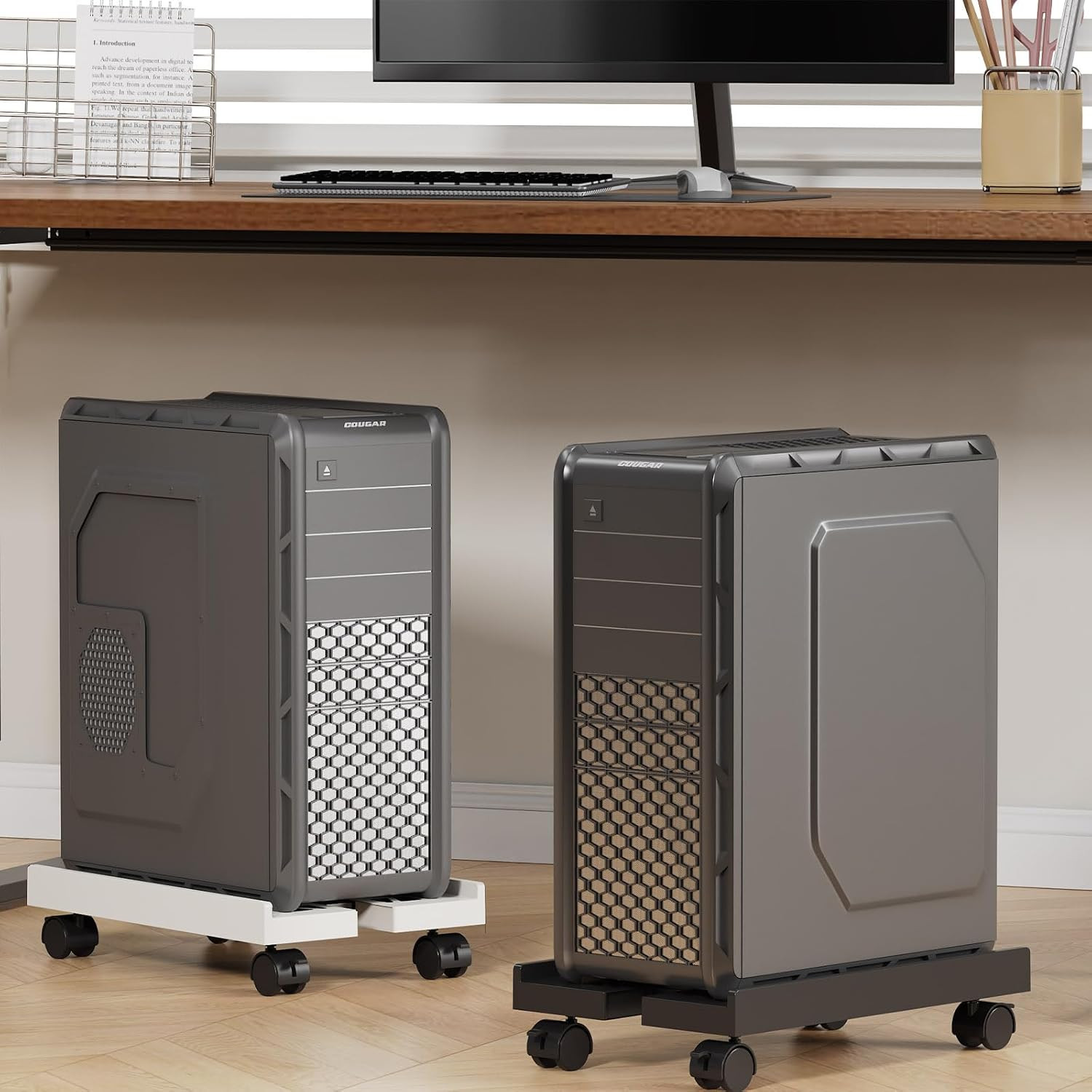 Adjustable Mobile CPU Stand, Ventilated Computer Tower Stand with 4 Caster Wheel