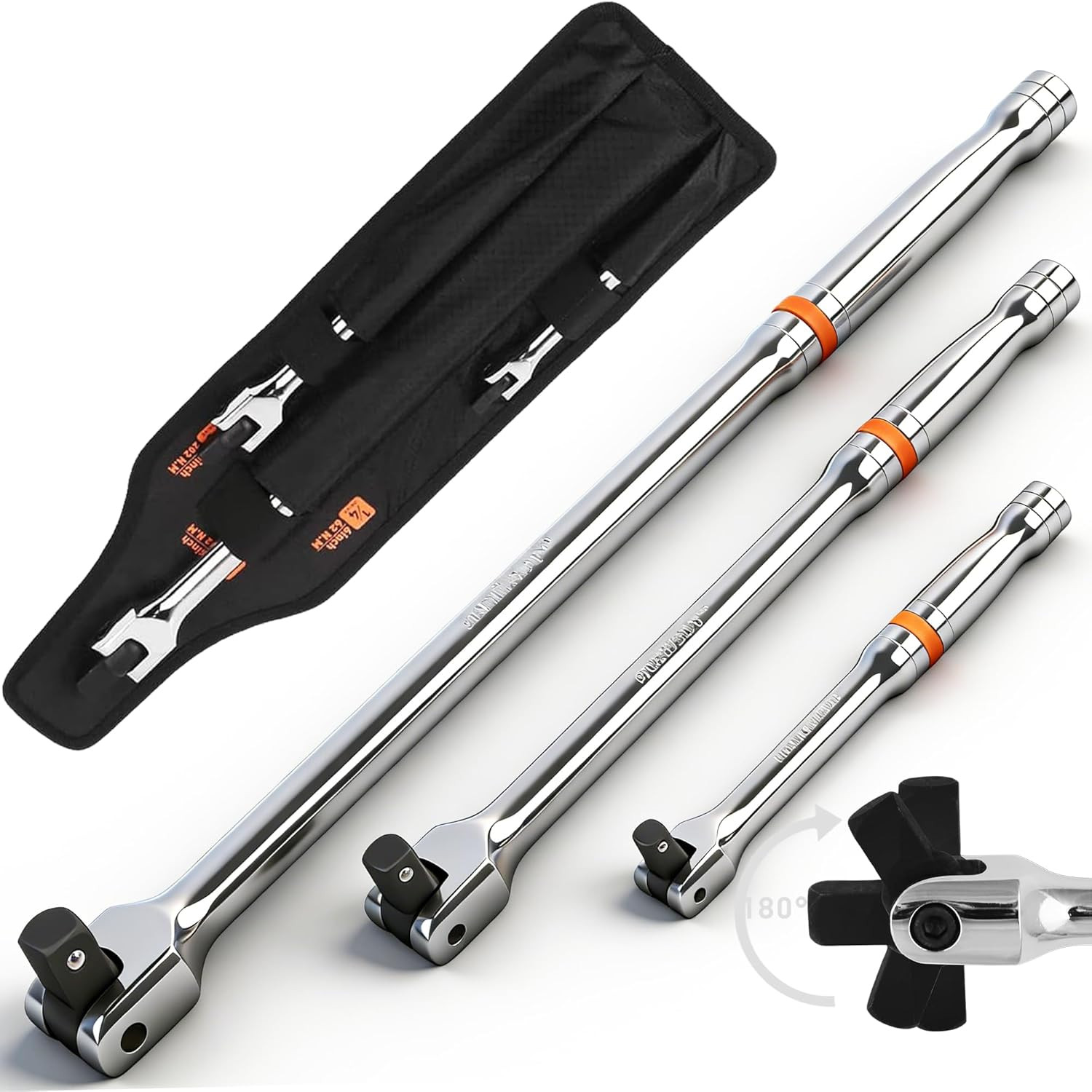 HORUSDY 3-Piece Breaker Bar Set with 180° Rotatable Head, 1/4'', 3/8'' and 1/2''