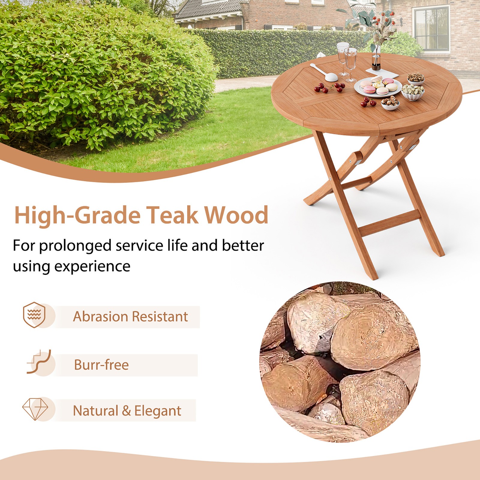 31.5-inch Round Outdoor Folding Table Patio Solid Teak Dining Table