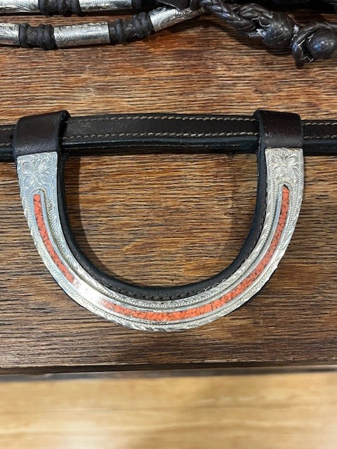 Western Horse Headstall w/ Coral Inlay & Silver Bit Hangers Leather Bridle