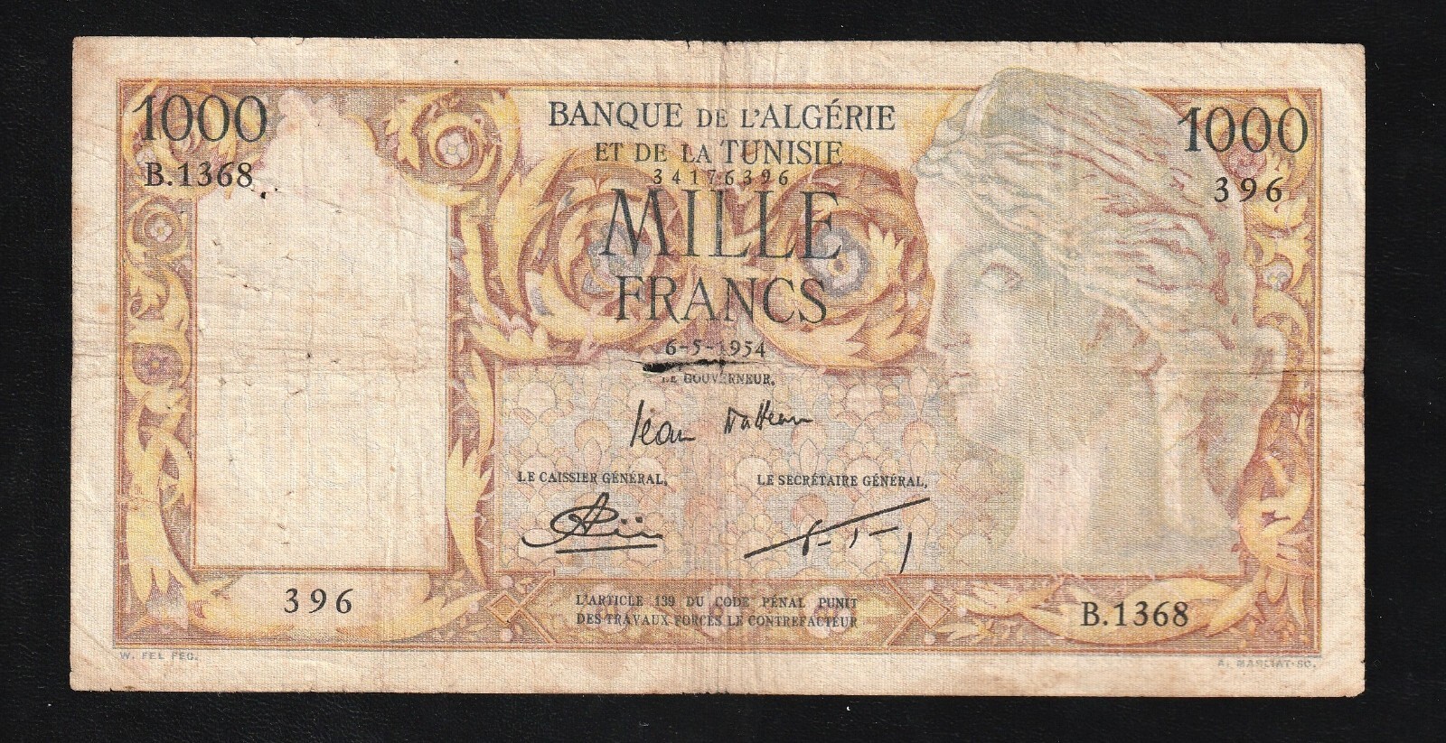 🇩🇿 Algeria , 1000 Francs , 1954 P 107b , RARE !!!