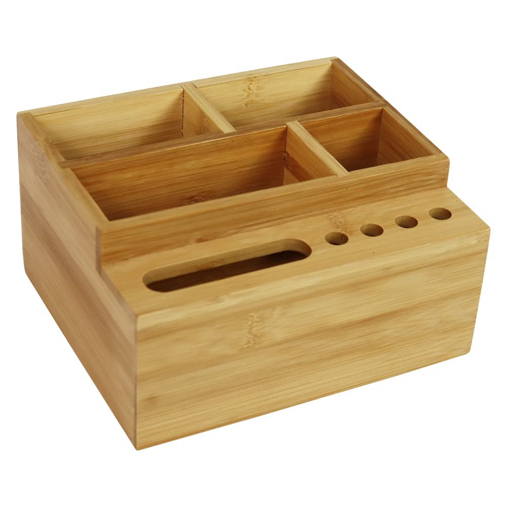 Bamboo Pen Holder Desk Organizer Pencil Holder Storage with 4 Compartments & ...