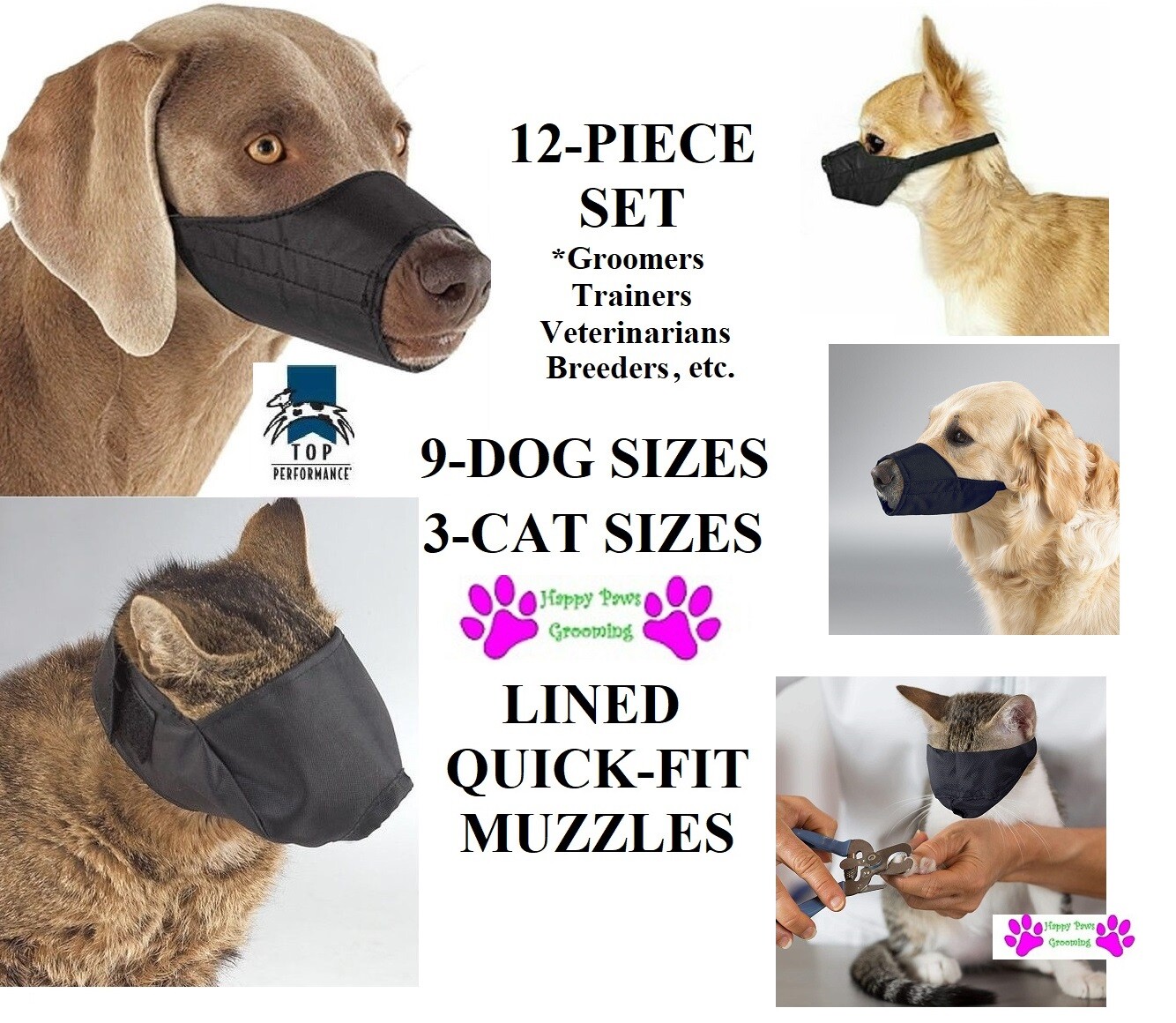 12 pc QUICK-FIT LINED COMFORT CAT DOG MUZZLE SET*Training Groomer Vet Grooming