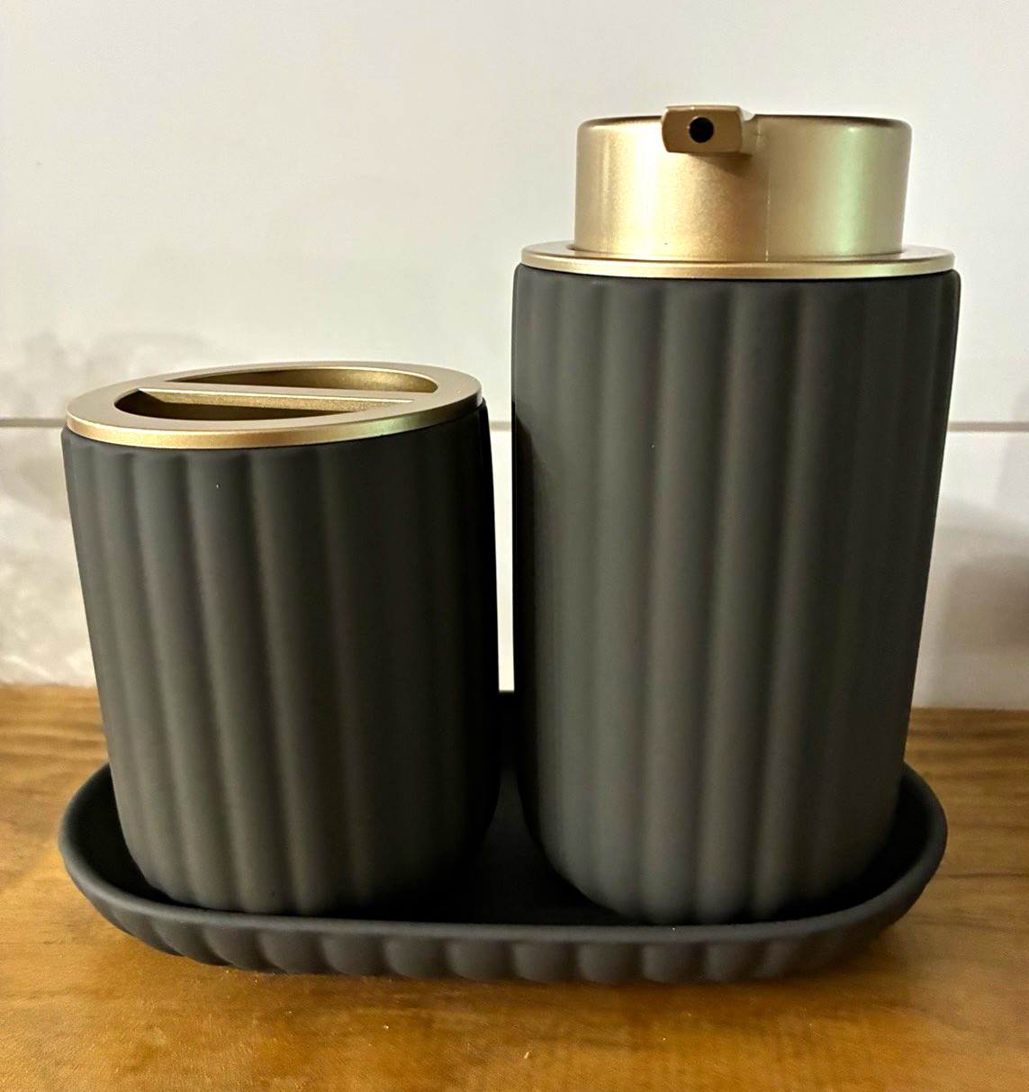 3pc Modern Gray & Gold Matte Plastic Bathroom Set: Dispenser, Holder, Dish