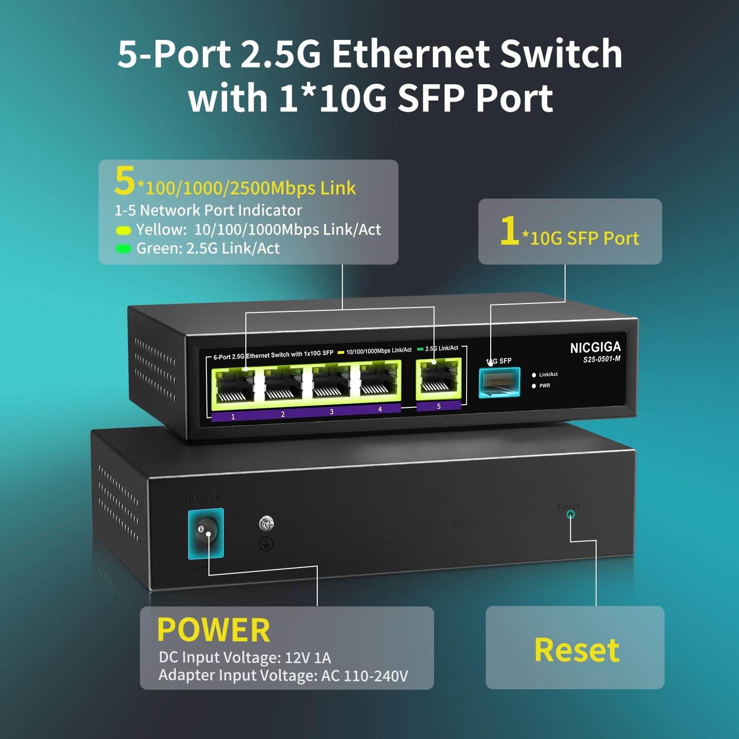 NICGIGA 6 Port 2.5G Web Smart Managed Ethernet Switch 5x2.5Gbps Base-T&1x
