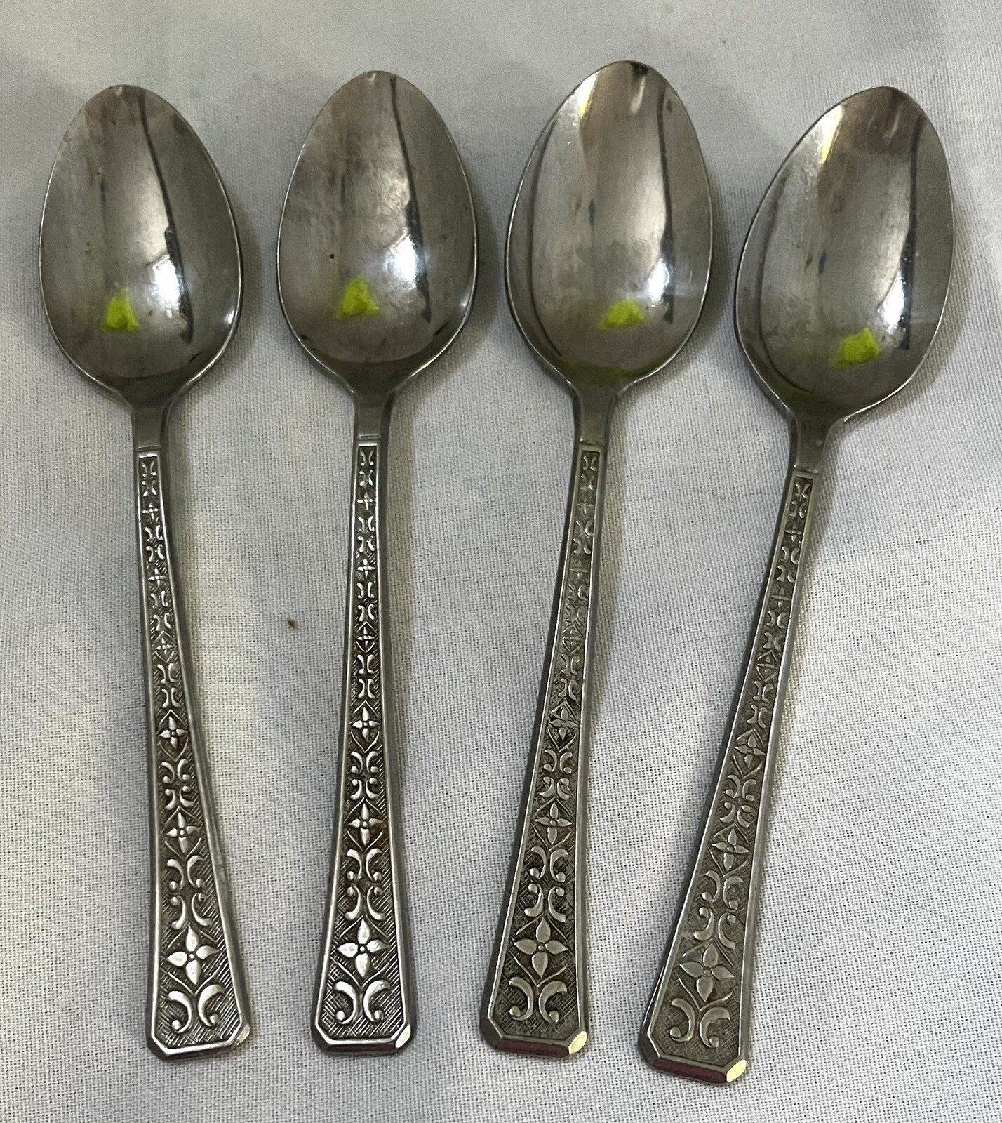 Lot of FOUR - 6.25" Teaspoons - FLORENZ (4 Petal) - Interpur Stainless Japan