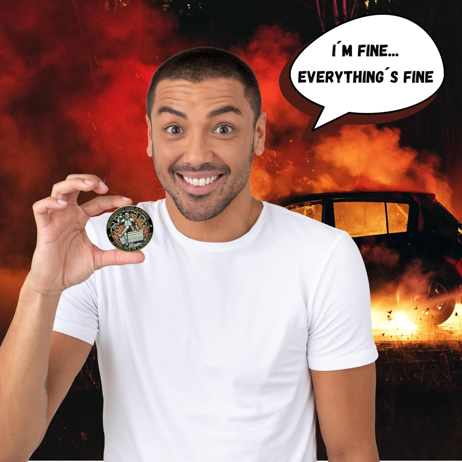 Dumpster Fire Challenge Coin - Phoenix & Knight Design - Transformed by the Flam