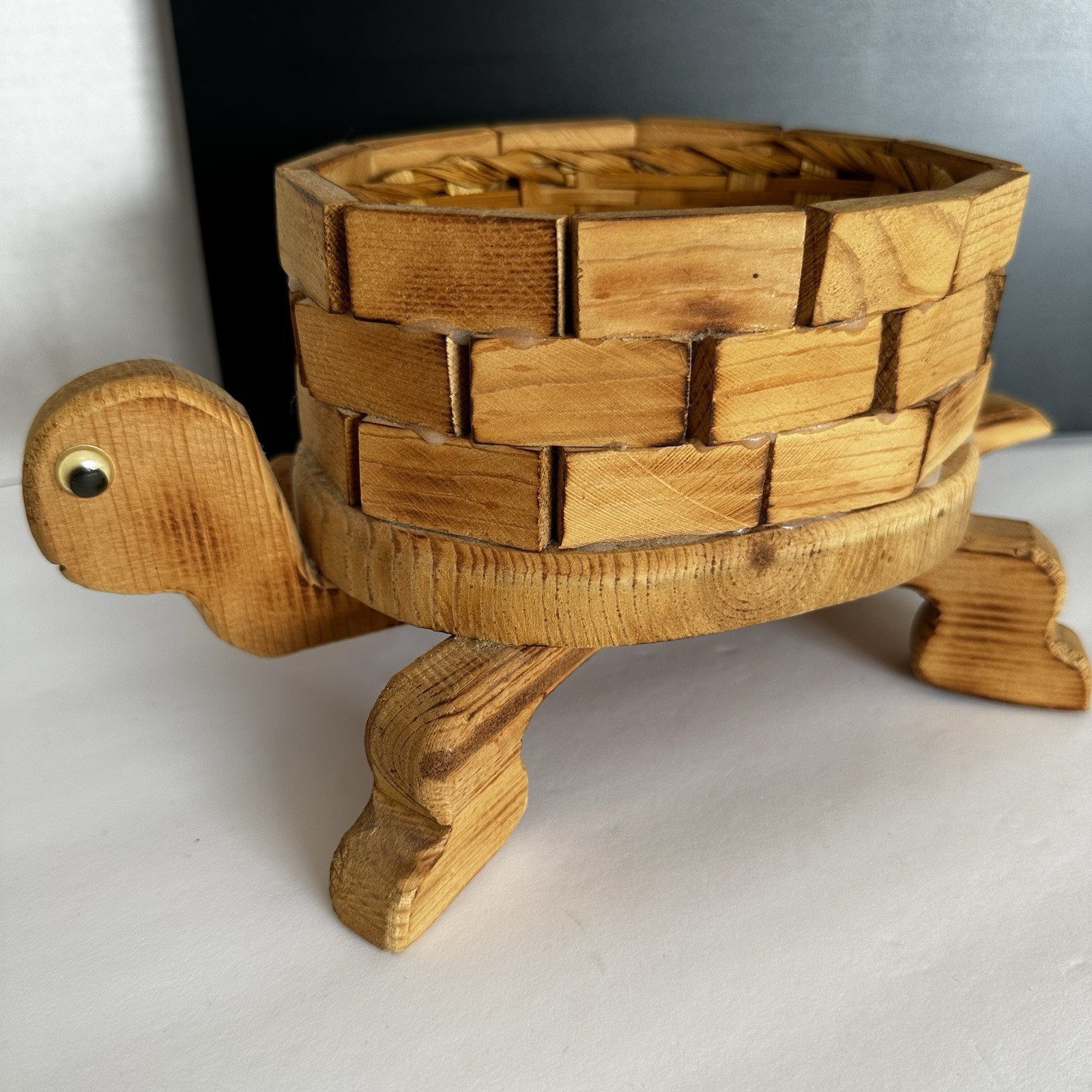 Wooden Turtle Basket with Woven Wicker Insert Boho Folk Art Style Decor