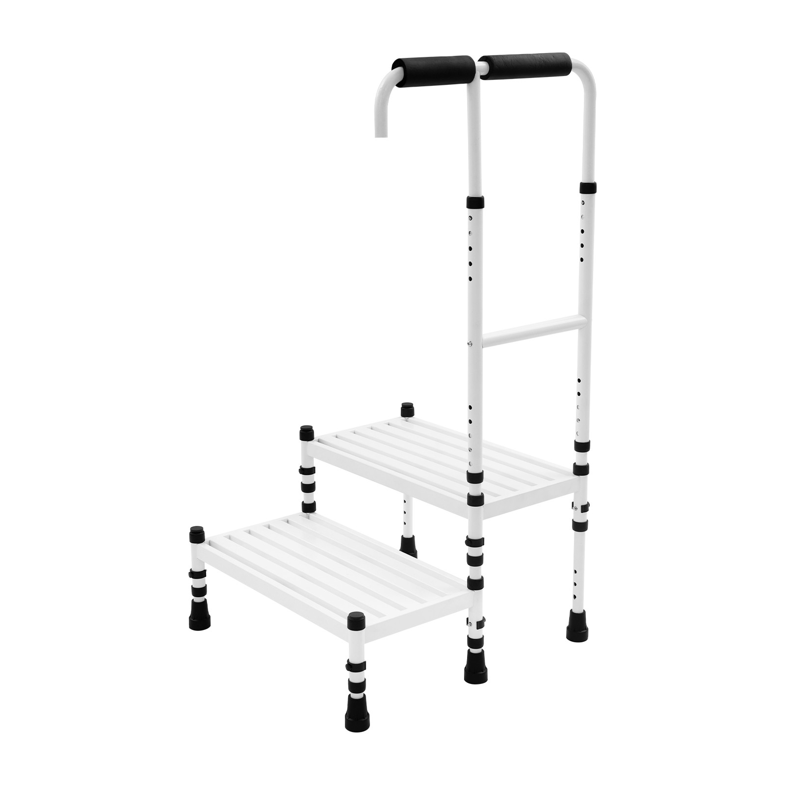 White Floor Standing Step Stool Adult Ramp with Handrail Metal Stepping Stool