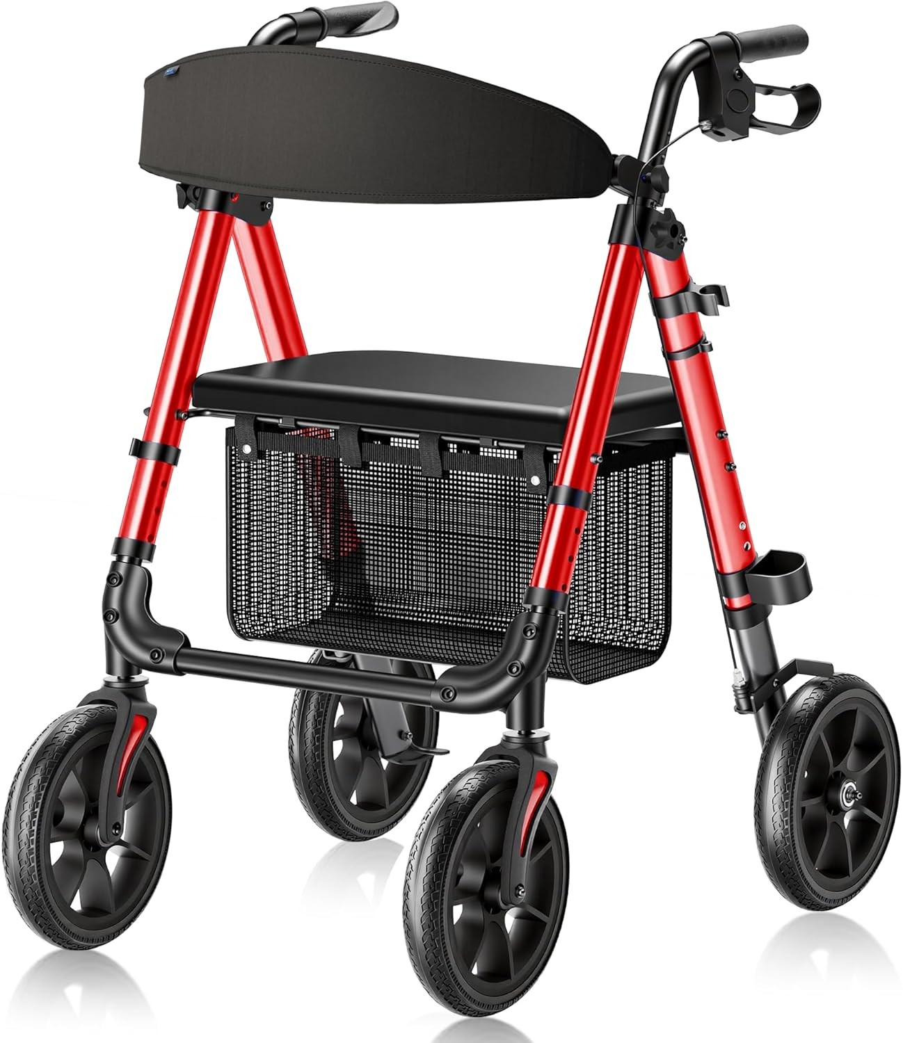 Foldable Rollator Walkers with Seat for Seniors, 10'' Big Wheels, 350 lb. Red