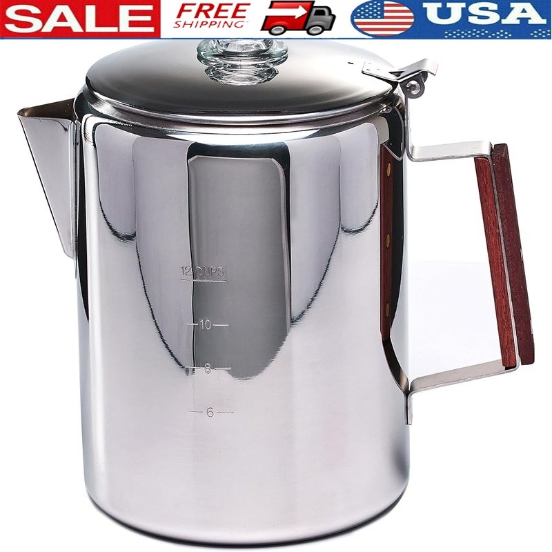 Stainless Steel Camping Coffee Percolator Stovetop Pot Outdoor Brewing 12 Cups