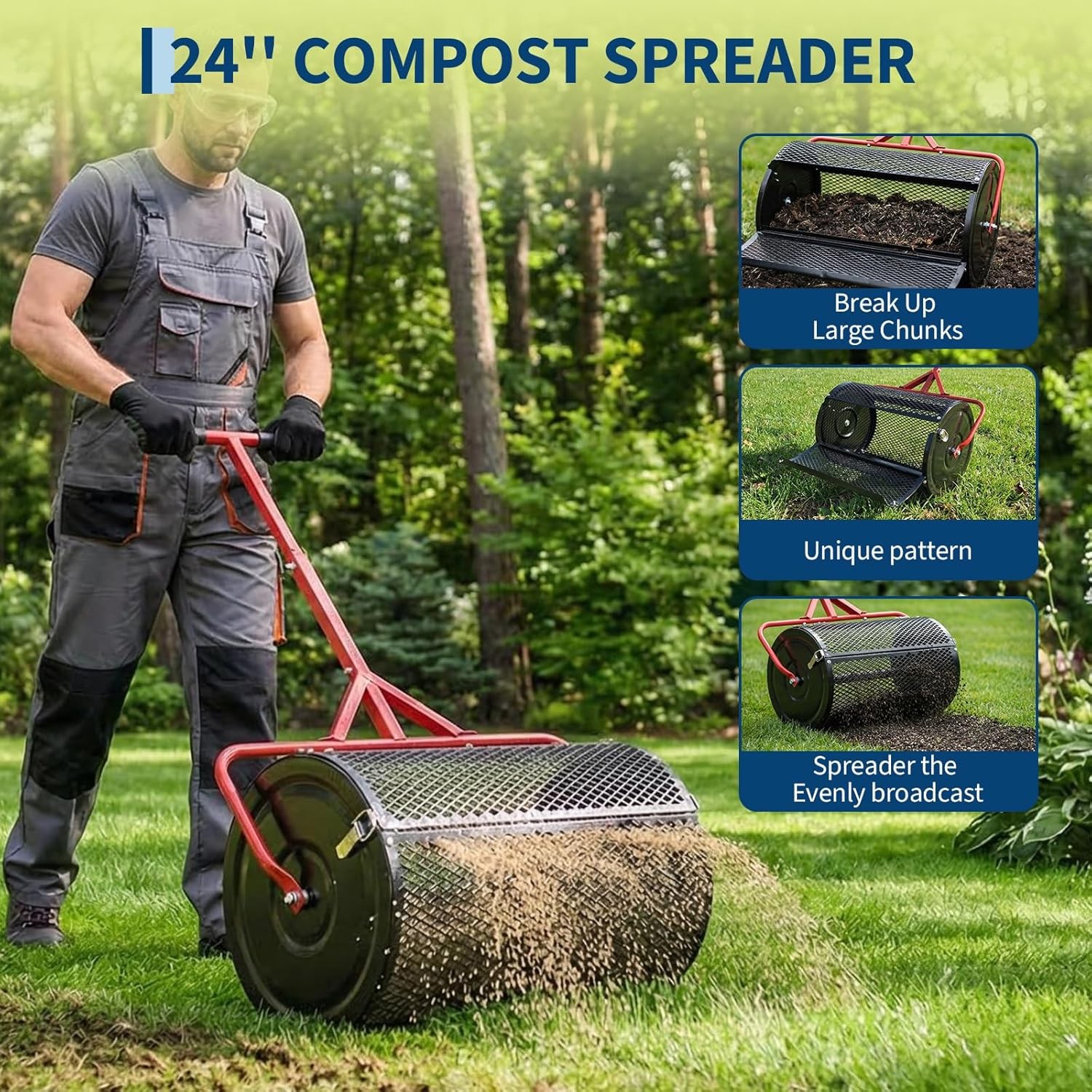 Compost Spreader 24" Wide Peat Moss Spreader Adjustable Top Dressing Mesh