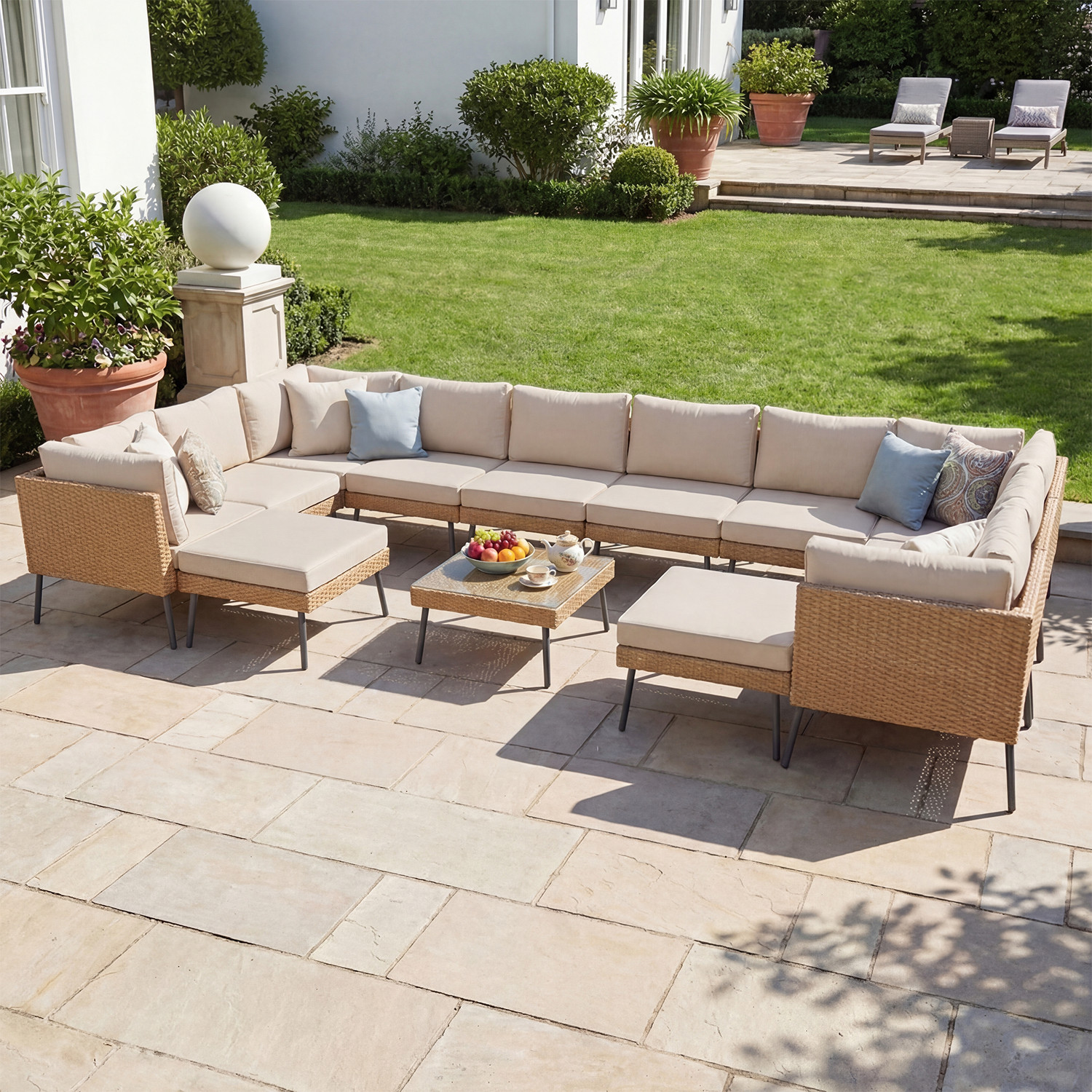 13-Piece High-Leg Beige Rattan Sofa Set  2 Corner+4 Armless+2 Ottoman