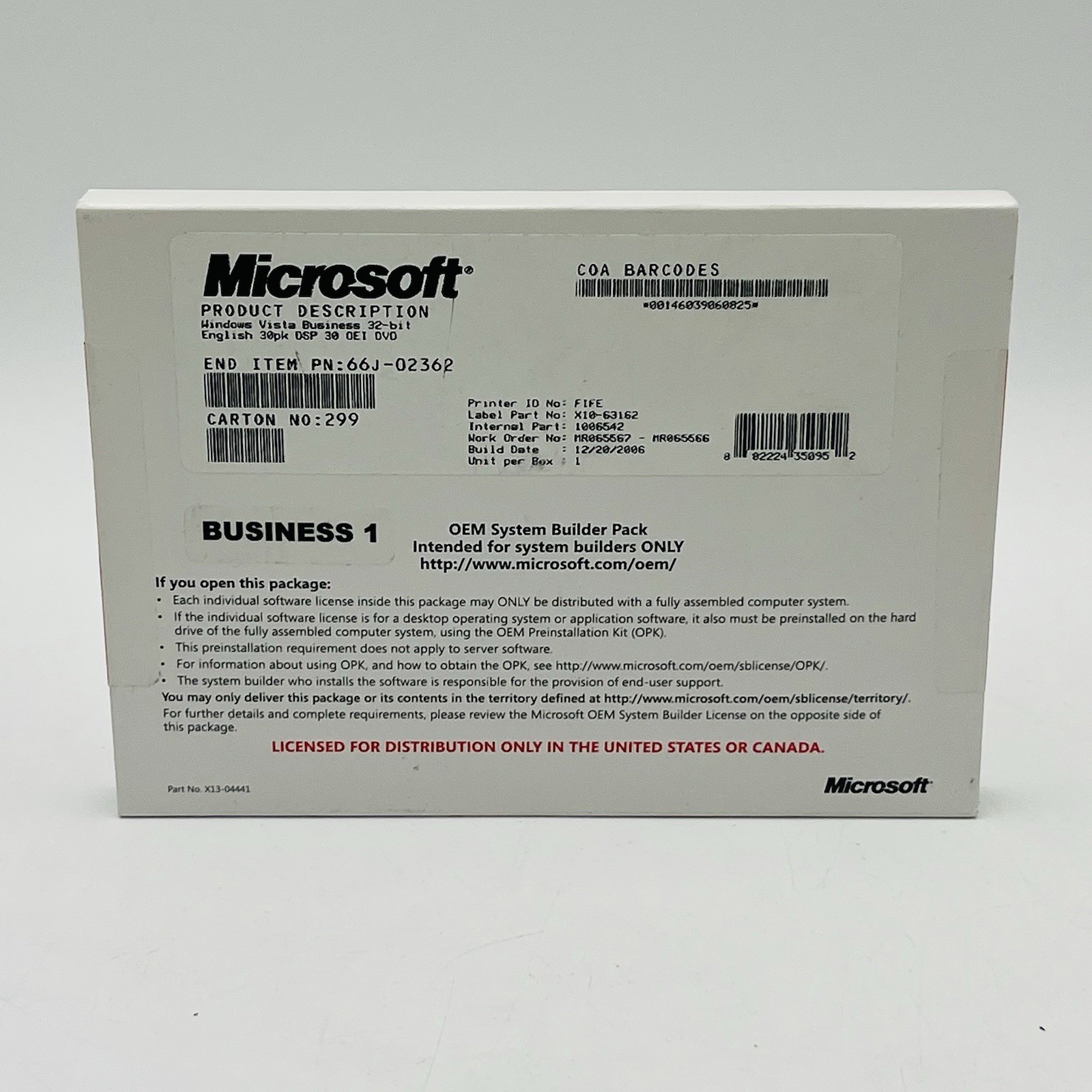Microsoft Windows Vista Business 32-Bit OEM System Builder Pack DVD Sealed