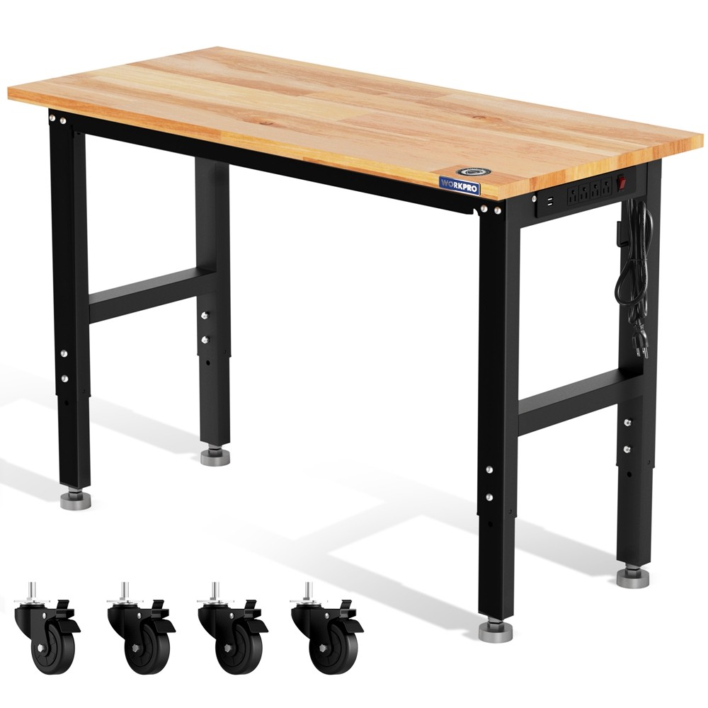 WORKPRO 48"X22" Adjustable Workbench Wheel Leveling Foot Rubber Wood Top Outlets