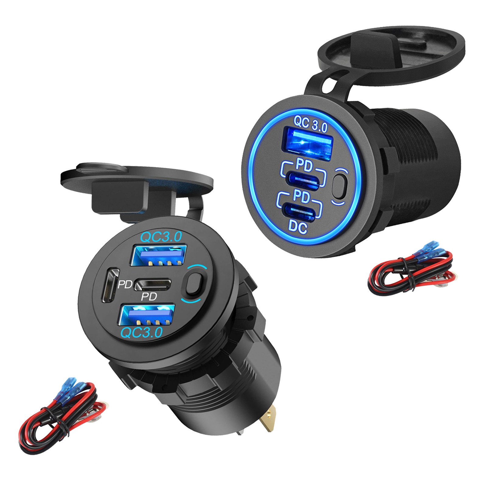 USB C Car Charger PD and QC3.0 Ports Outlet Socket for 12V-24V Marine Boat RV