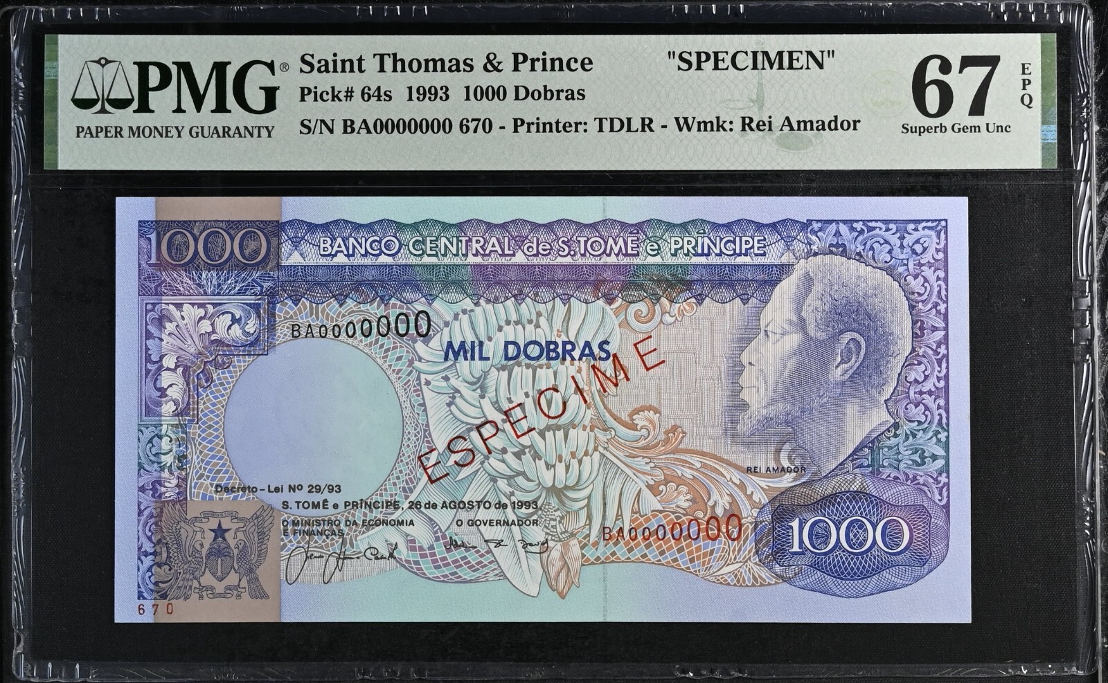 1993 SAINT THOMAS & PRINCE 1000 DOBRAS ✪ PMG 67 EPQ ✪ SPECIMEN PICK 64s◢TRUSTED◣