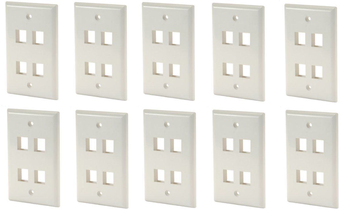 10 Pack 4 Port Keystone Insert Jack CAT5 CAT6 RJ45 Coax 1-Gang Wall Plate WHITE