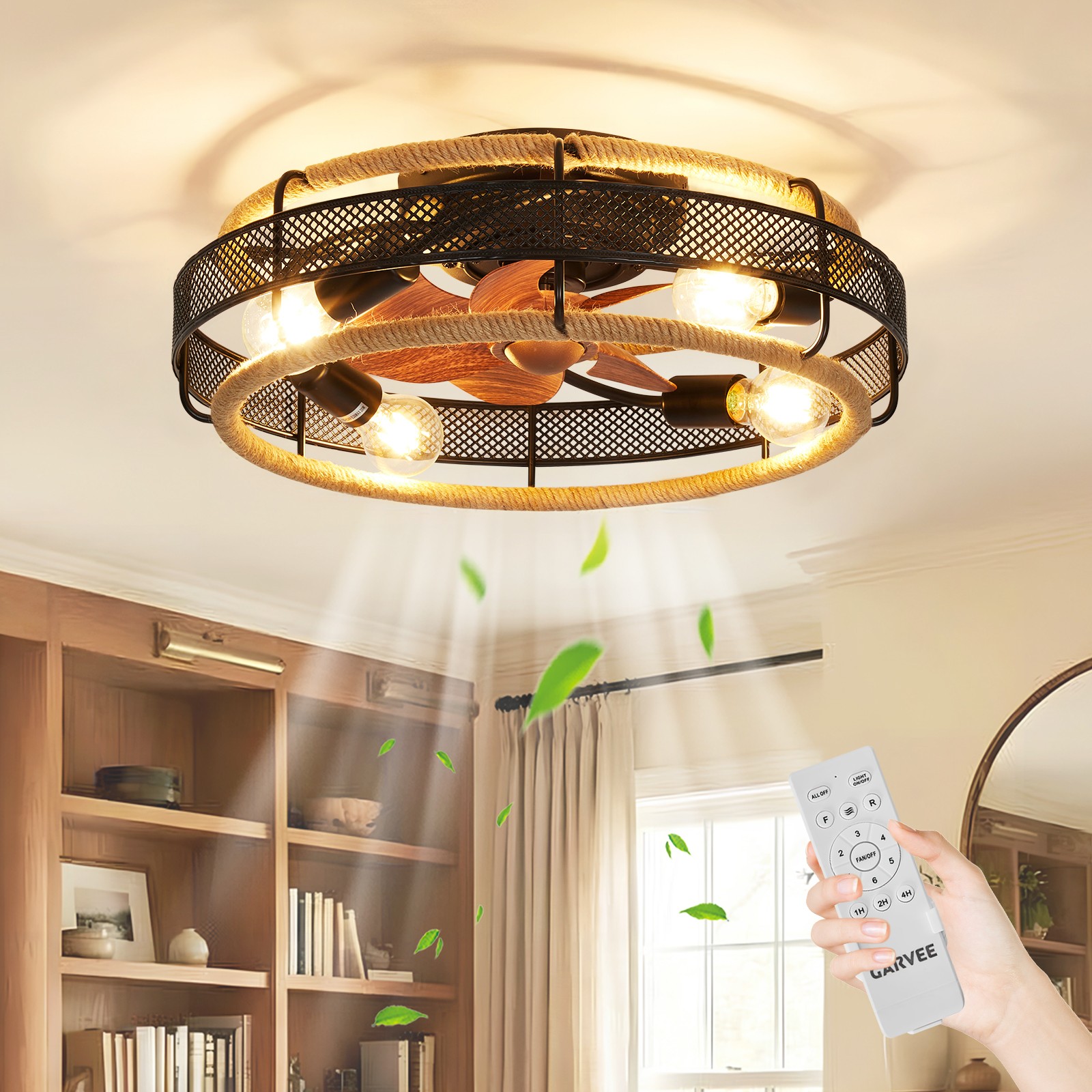 20" Caged Ceiling Fan Flush Mount Boho Farmhouse Remote for Bedroom Patio 20W