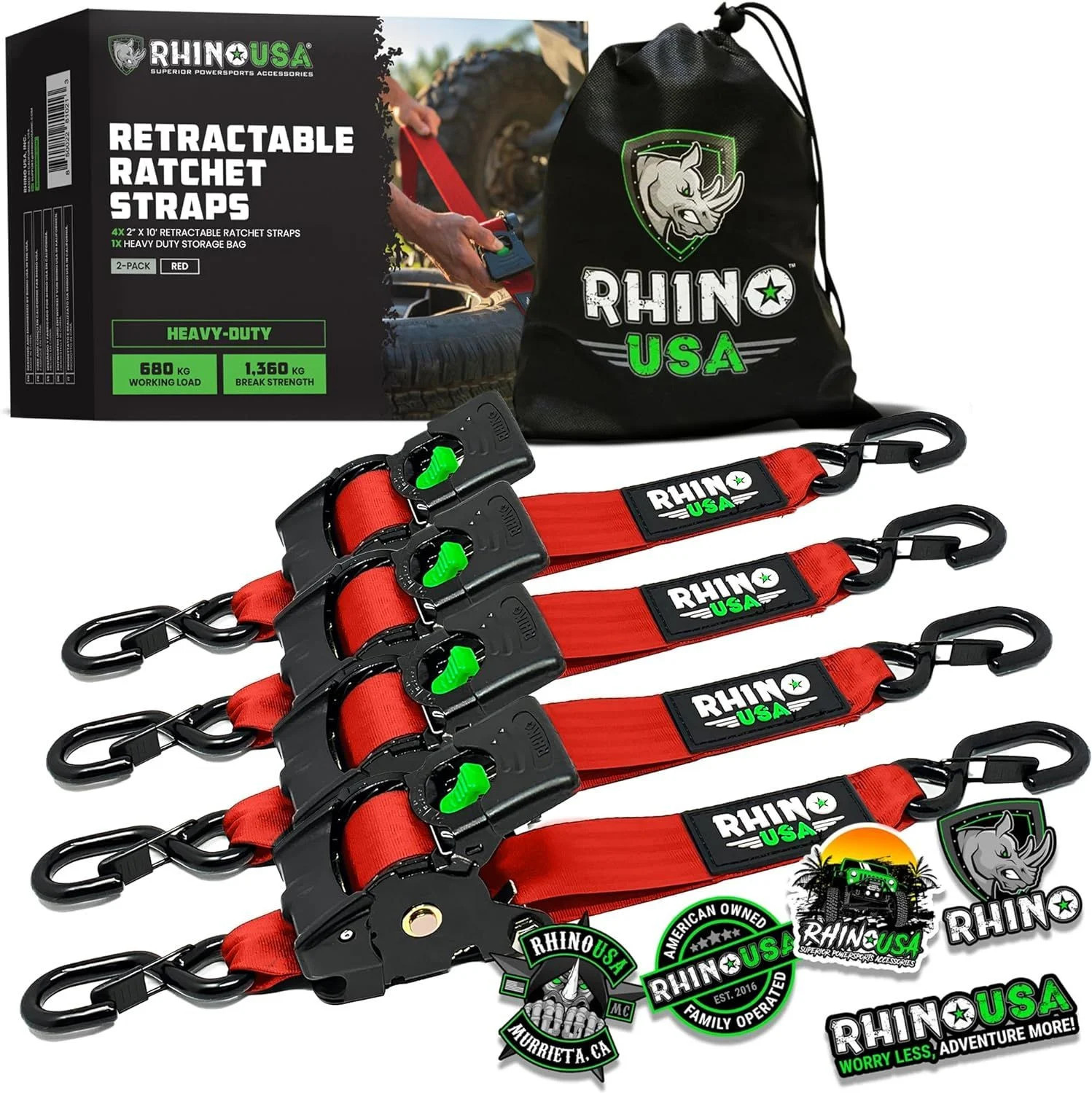 Rhino USA TD-RSRE2X10-RED-R Retractable Ratchet Straps