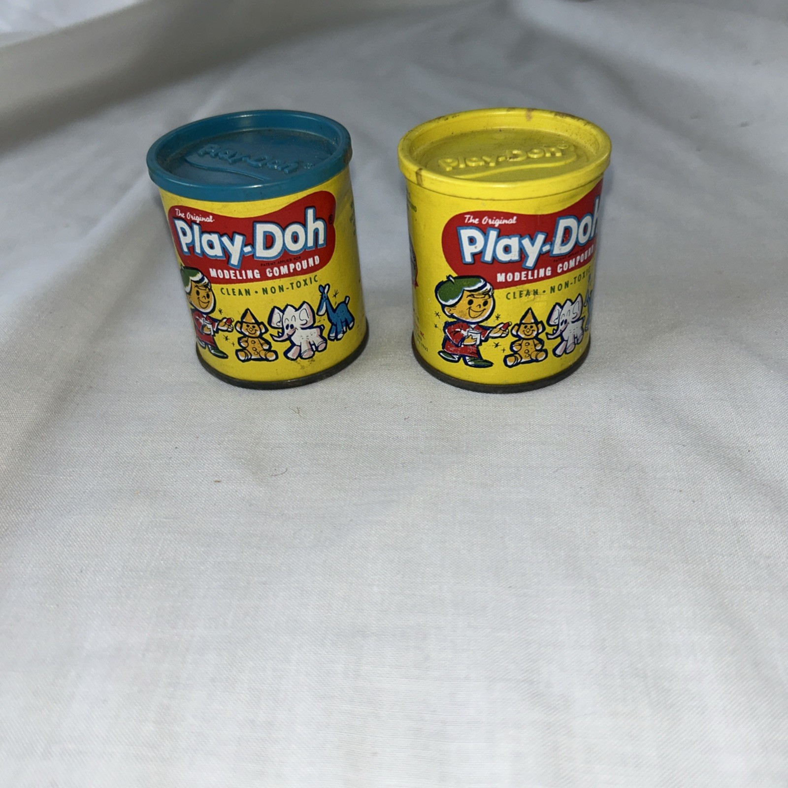 2 Original 1962 Play-Doh Vintage Empty 2 Oz Cans Yellow Blue Lids