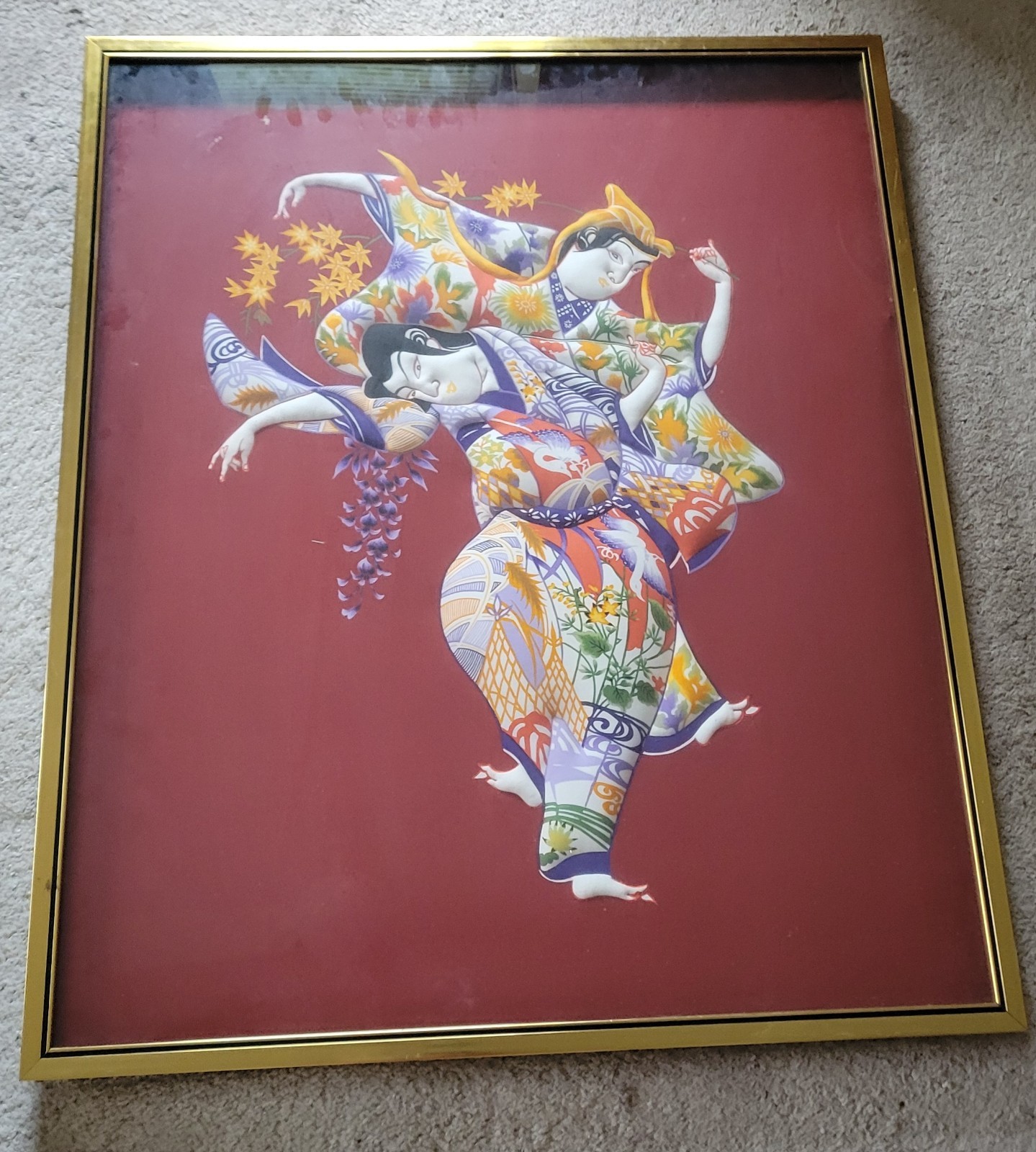 Framed Vintage Japanese Oshie art featuring a 3D padded collage