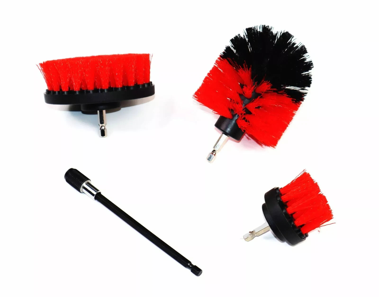 Drill Brush Set 4 Piece (Red) with 6" Extension - Fast Free Shipping