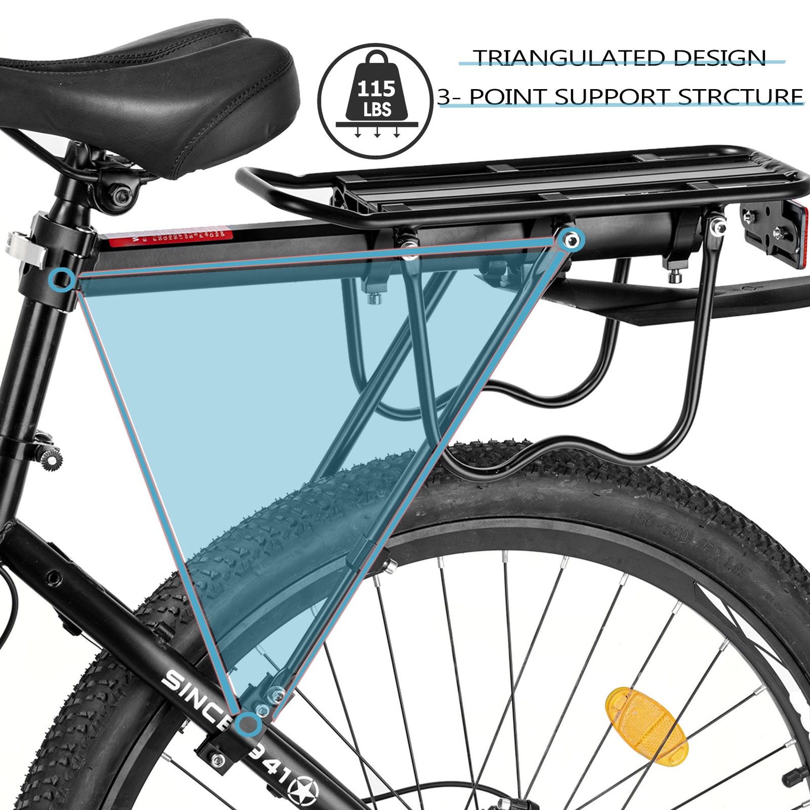 Rear Bike Rack,115 LB Capacity Solid Bearings Bike Cargo Rack w/Fender & Larg...