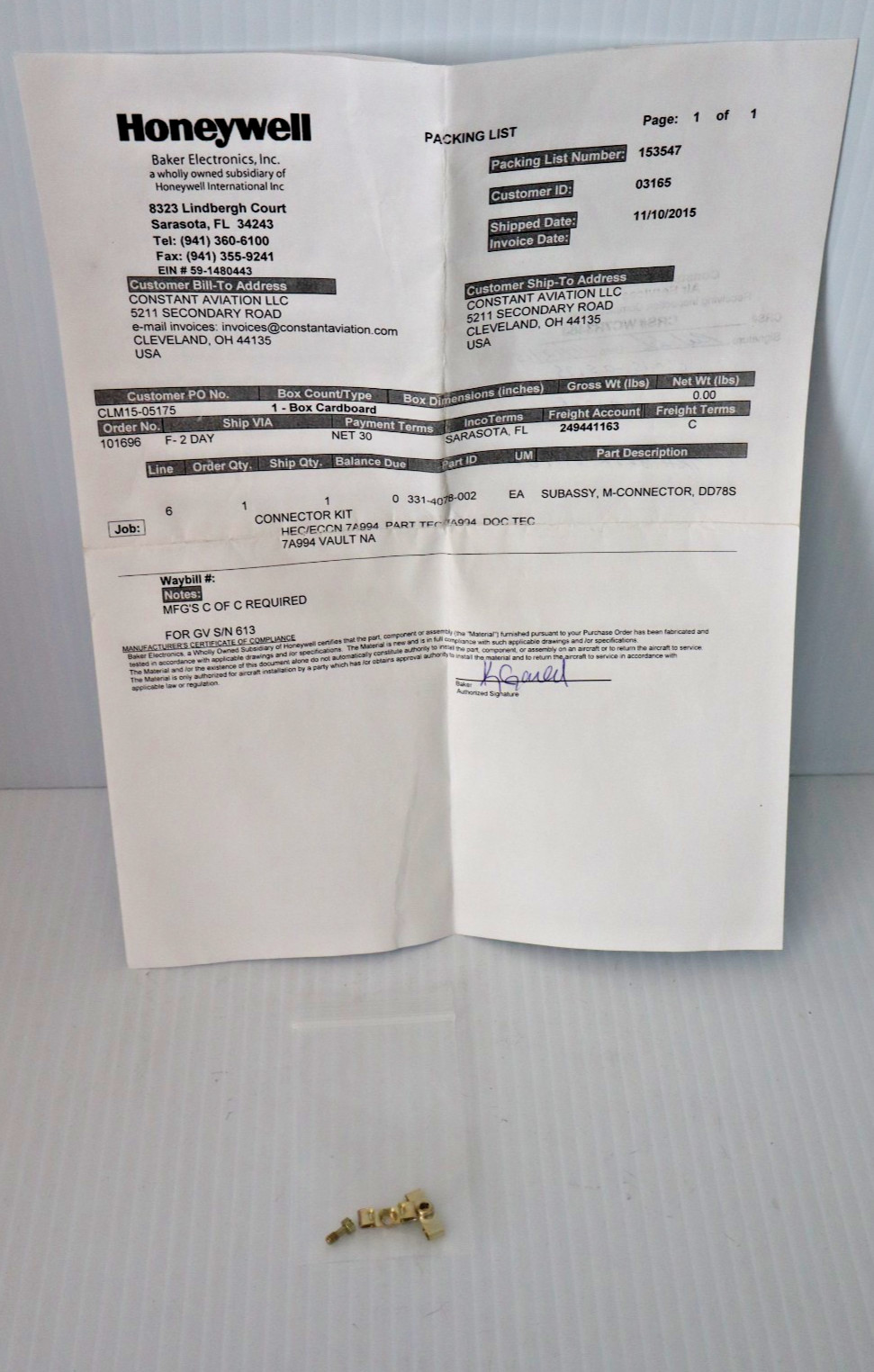 Honeywell 331-4078-002 Connector Kit