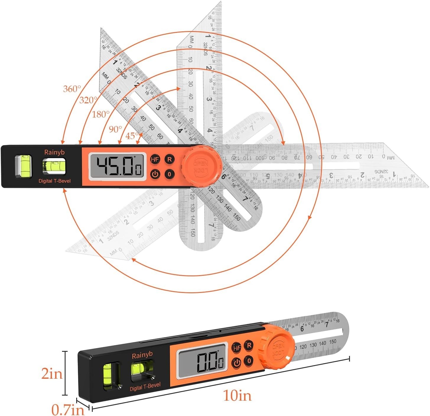 High Accuracy T-Bevel Protractor - Digital Angle Finder 0-360° with Bubble Level