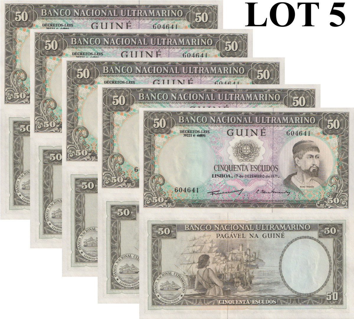 Portuguese guinea 50 Escudos 1971 P 44 UNC 1/20 Bundle Lot 5 pcs