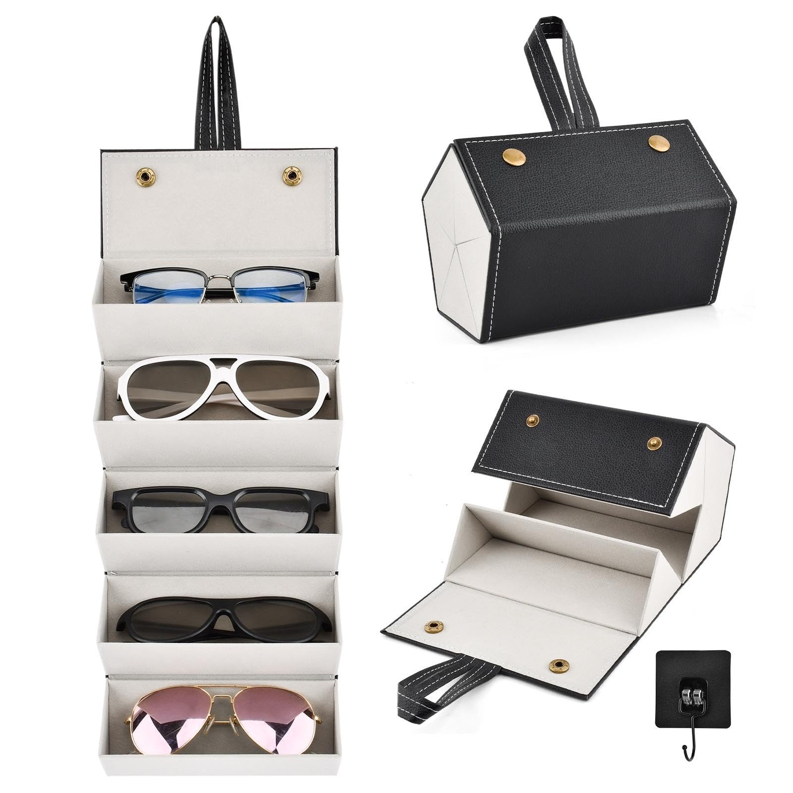 5 Slots Sunglasses Organizer With Hook, Sunglasses Travel Case, Eyeglasses Ho...