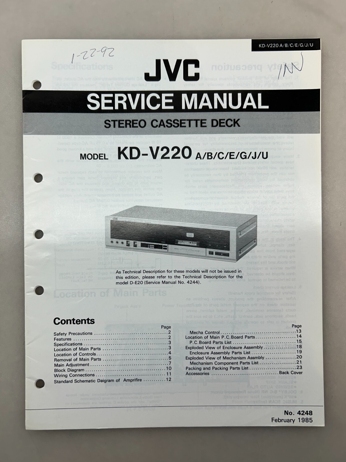 JVC KD-V220 Original Service Manual Free Shipping