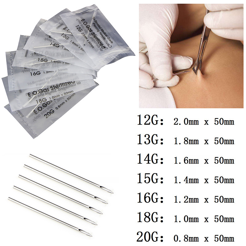 10Pcs 12/14/16/18/20G Surgical Steel Piercing Needles and Gloves Navel Nose Lip
