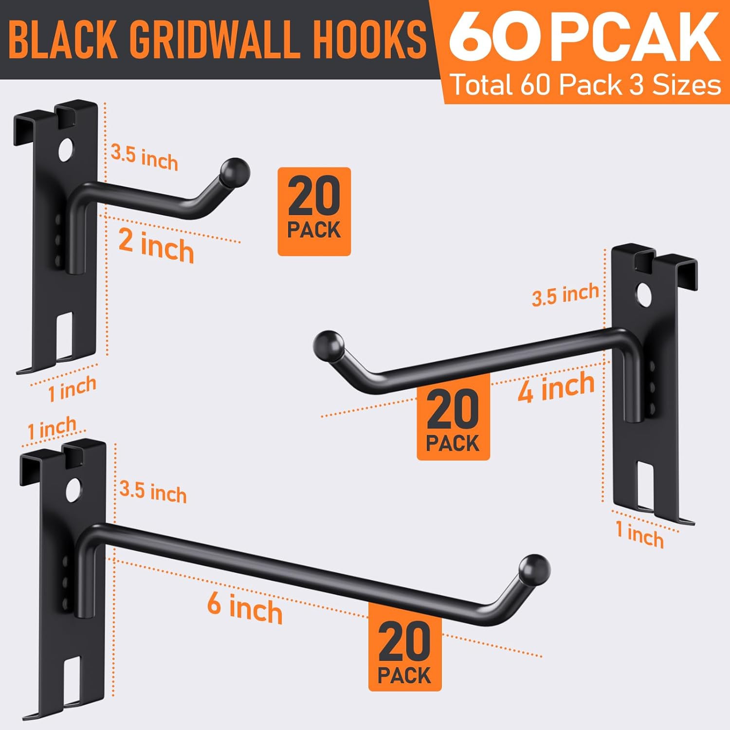 2/4/6 Inch Gridwall Hooks, 60 Pack Heavy Duty Black Display Hooks for Grid Wall