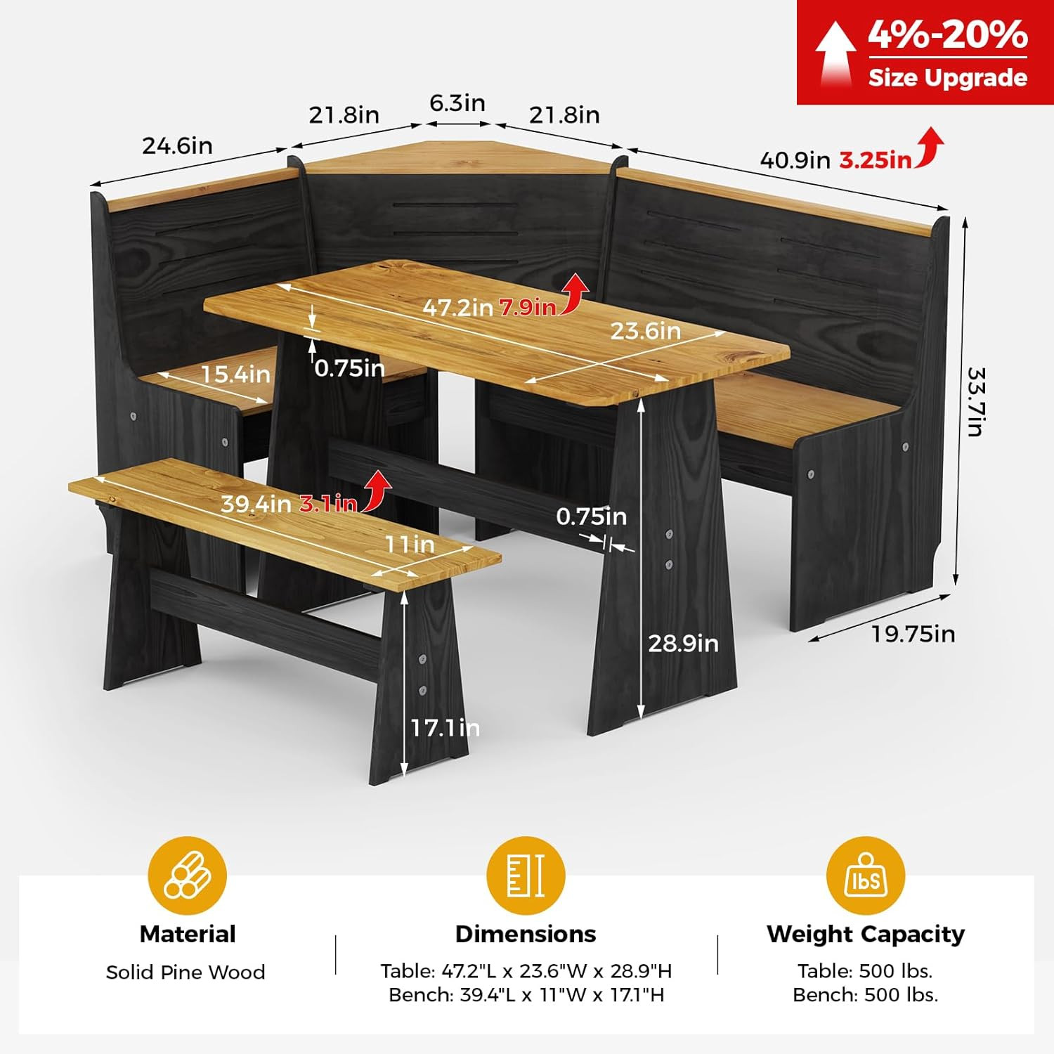 Solid Wood Corner Breakfast Nook Table Set for 4-6, Space Saving Black Booth