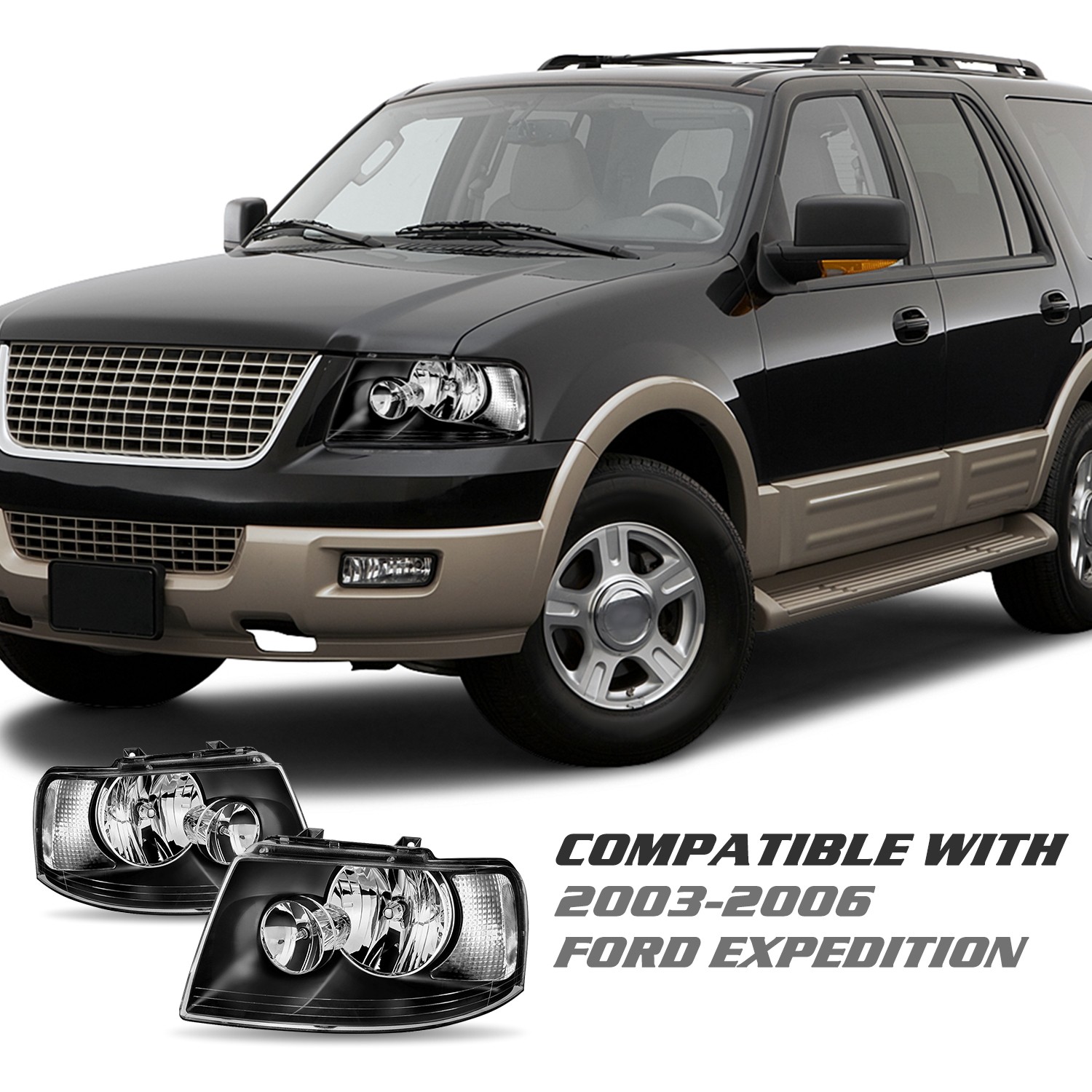 For 2003-2006 Ford Expedition Black Clear Headlights Assembly Pair W/Bulbs