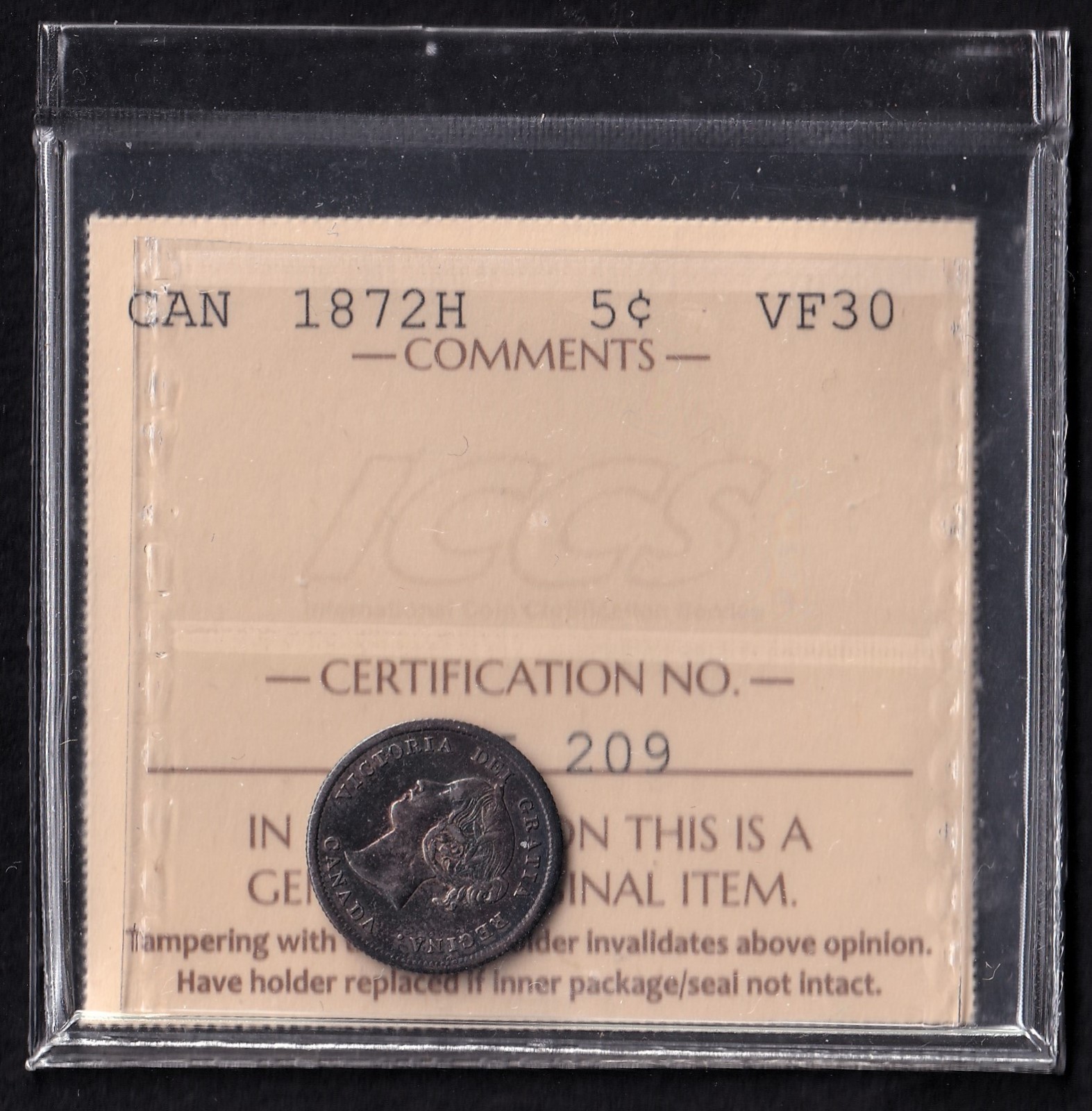 Canada 1872H 5c Five Cent Silver Coin Queen Victoria ICCS Graded VF-30 .925