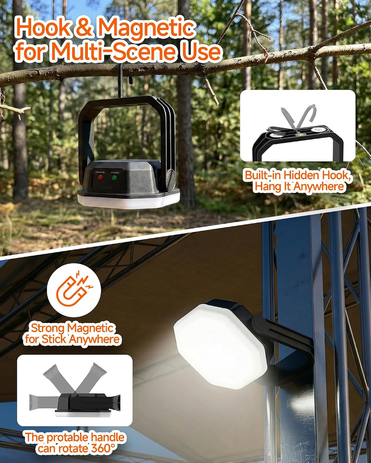 Rechargeable LED Camping Lantern with Magnet 360 Degree Stand Threaded Mount