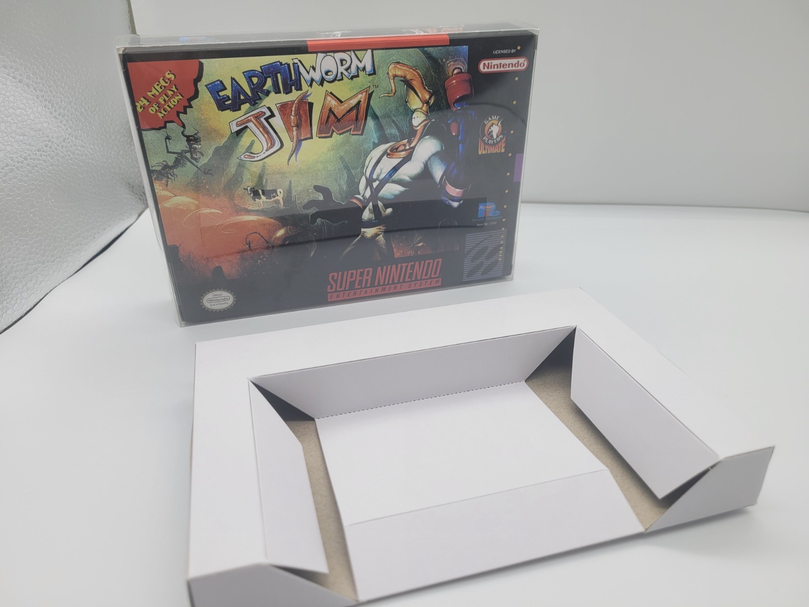 Earthworm Jim Super SNES Box Only Replacemnt Box Inserts + Clear Case