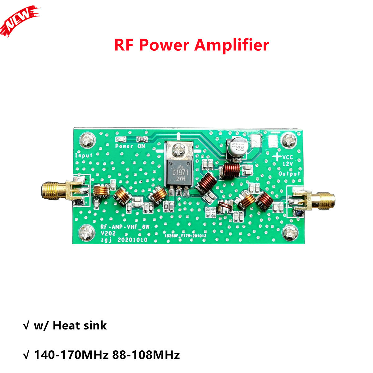 RF Power Amplifier 6W FM 88-108MHz or 140-170MHz for VHF Radio AMP w/ heat sink