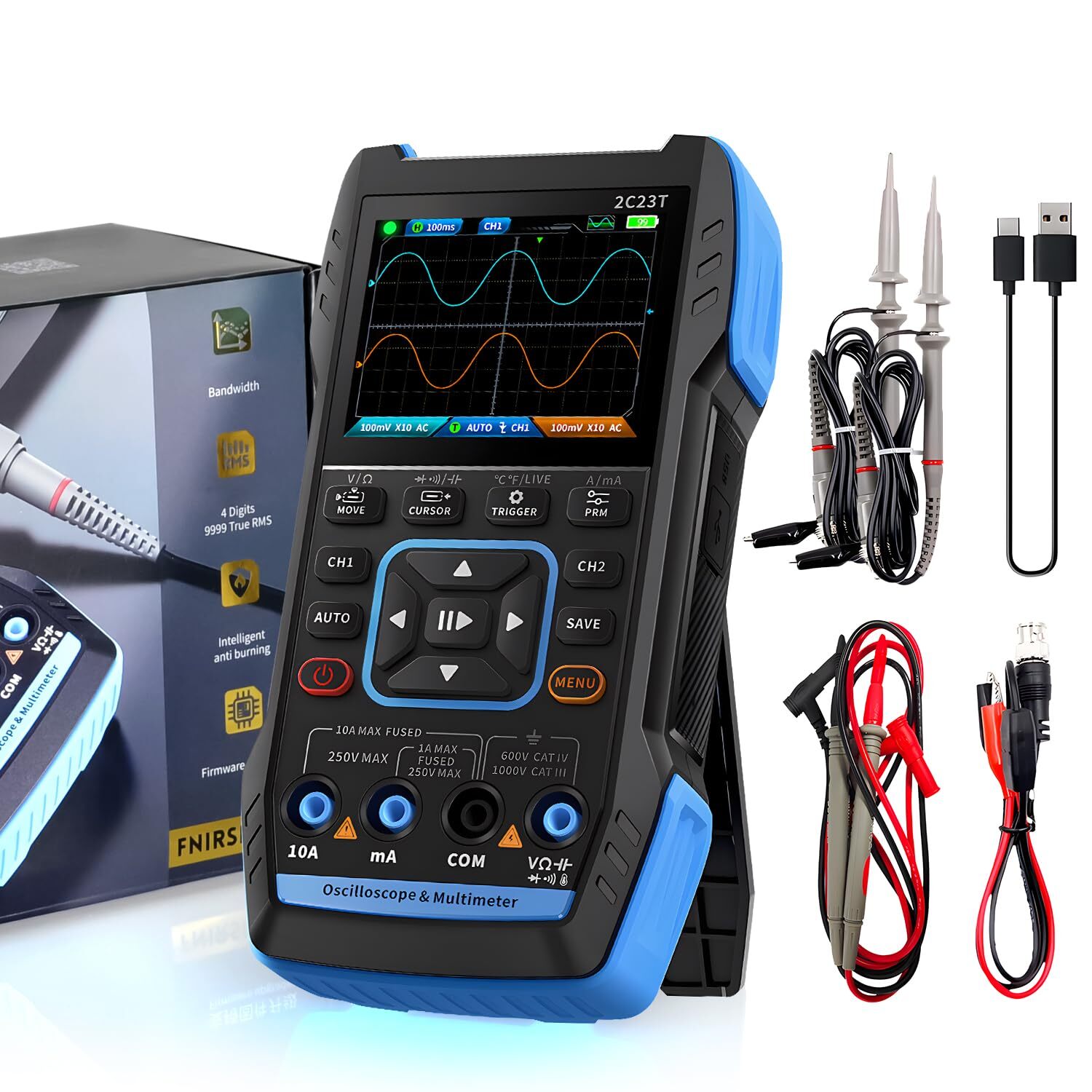 FNIRSI 3 in1 Oscilloscope/Multimeter DMM/Signal Generator 2CH 10MHz 10000 Counts