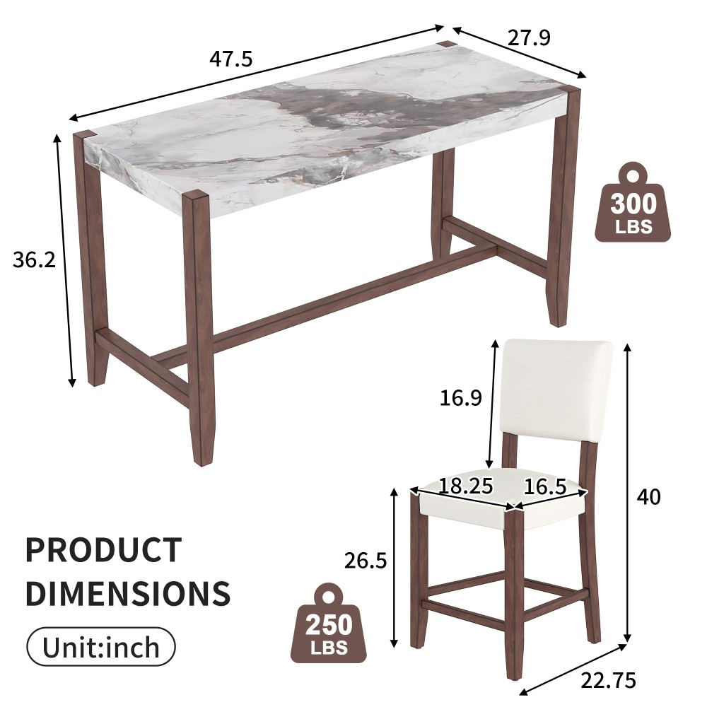 Faux Marble Counter Height Dining Table Set with 2 Chairs, Modern Pub