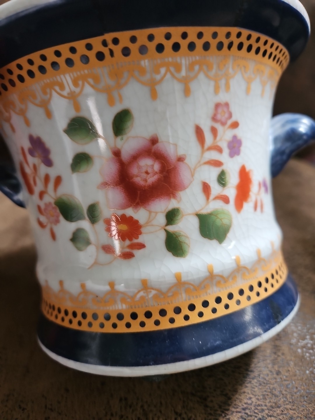 Decorative Cachepot Floral Planter With Handles Lots Of Crazing