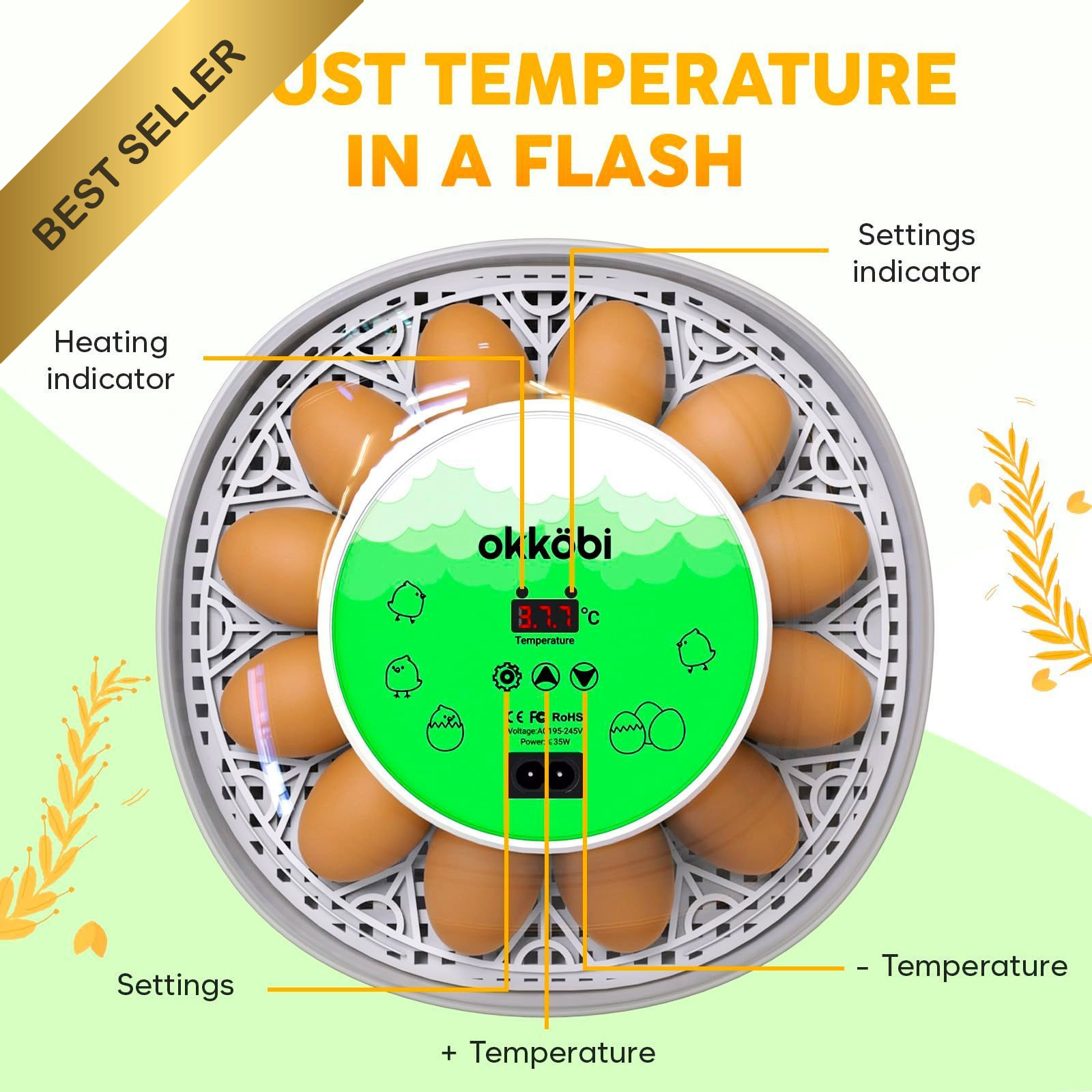 Okkobi M12 Egg Incubator Automatic Turner Humidity Control 12/24 Eggs White & Gr