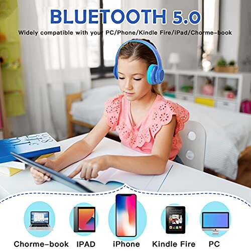 2021tooth Kids Headphones Fit for Aged 3-21, Colorful LED Lights Comfort Blue
