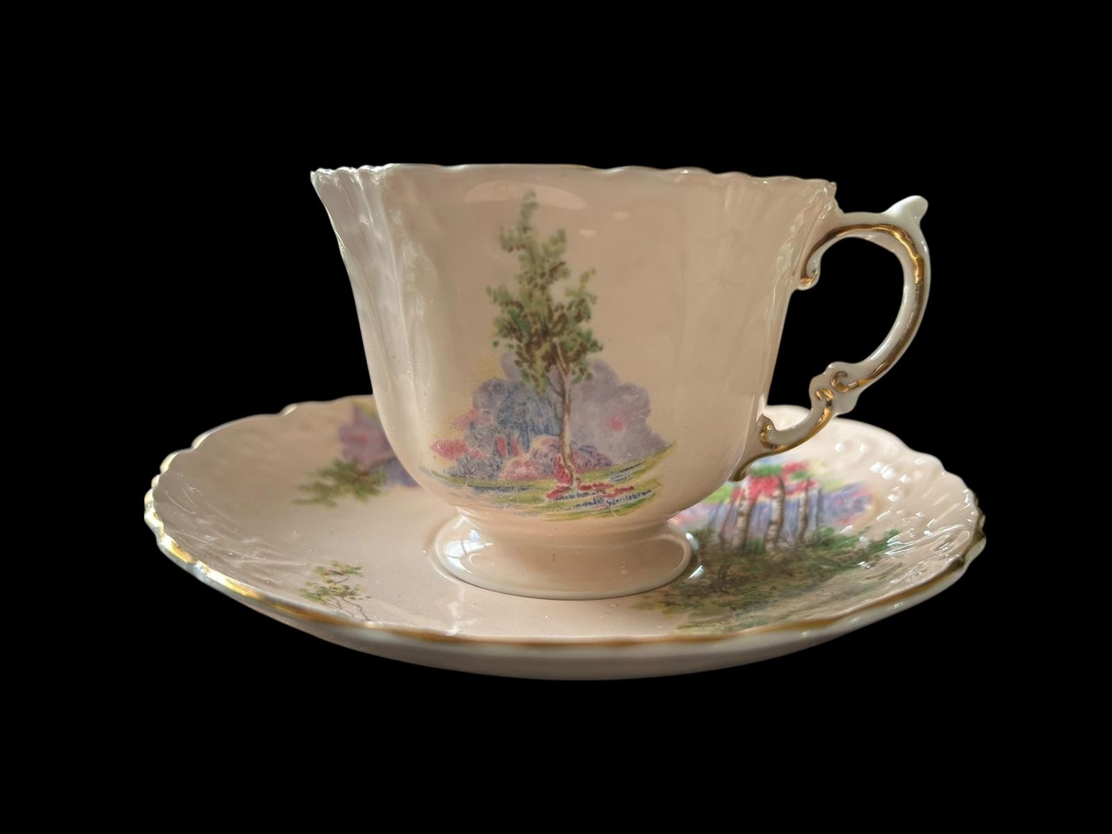 Vintage Porcelain Tea Cup/Saucer Set w Scenic Tree Design Aynsley Bluebell Time