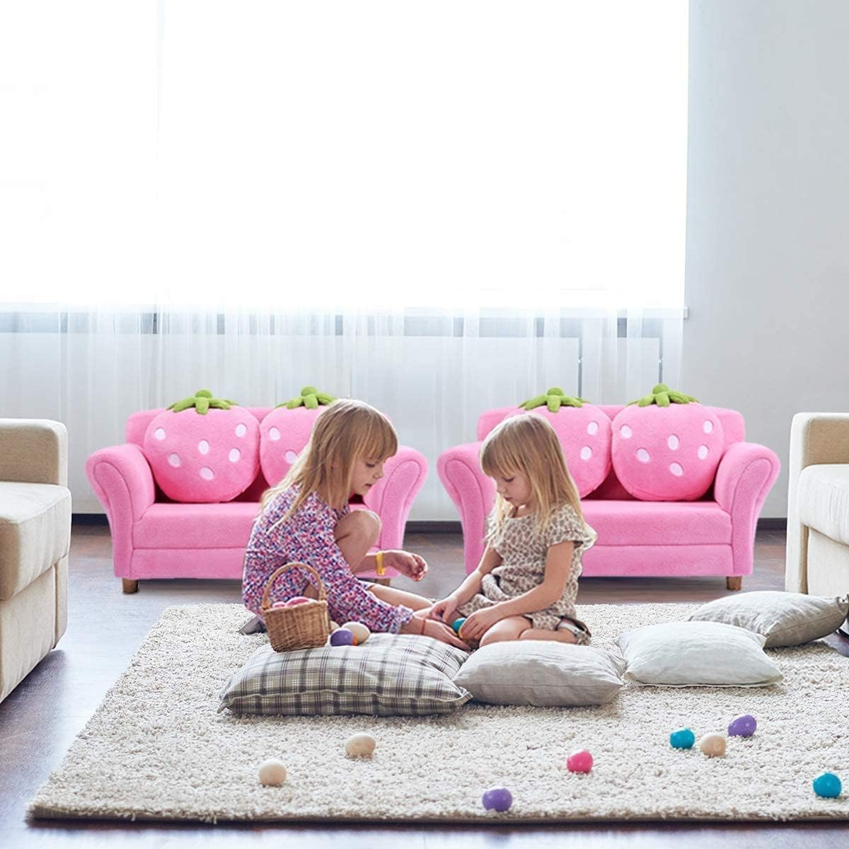 Kids Sofa, Children Upholstered Loveseat Lounge Bed W/ 2 Cute Strawberry Pillows