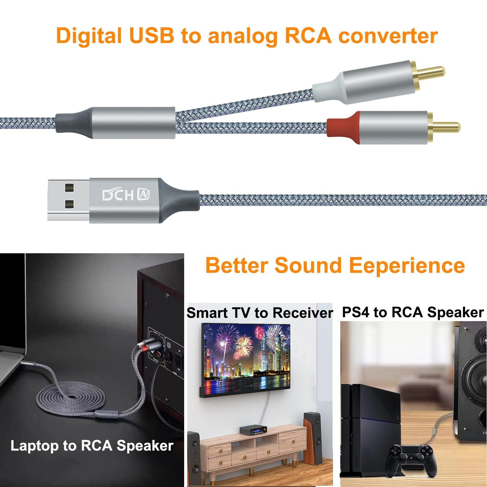 DCHAV 4ft USB to RCA Audio Cable Type A 2 Adapter Cord Male 2RCA grey