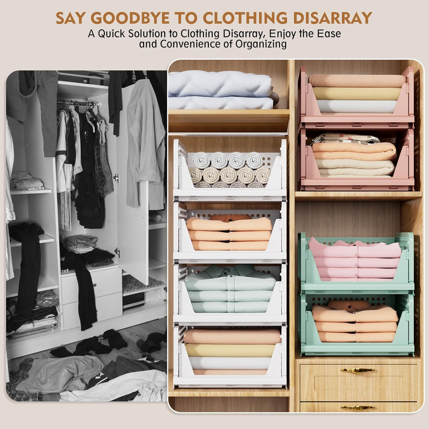 5 Pack Stackable Closet Storage Basket, Multifunctional & Foldable Closet Organi